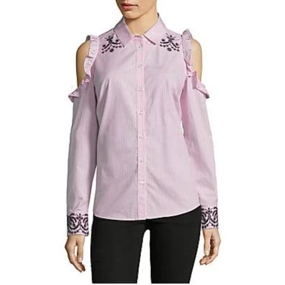 Nanette Lepore Ruffle Cold Shoulder button up shirt szM - Picture 13 of 14